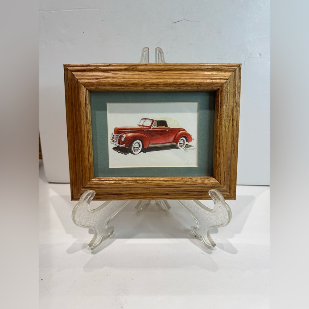 Vintage 1940s Style Red Convertible Watercolor Art - Framed